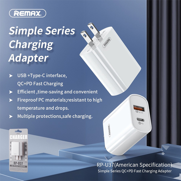 Adapter 18W - 2 Plug (QC3.0 PD) REMAX RP-U37