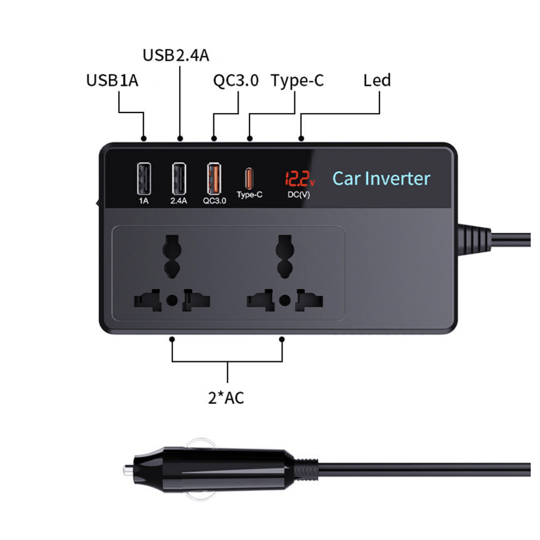 Car Power Inverter 200W | DC 12V to AC 220V Converter + 1USB 1A + 1USB 2A + 1USB QC3.0 + 1PD Charger
