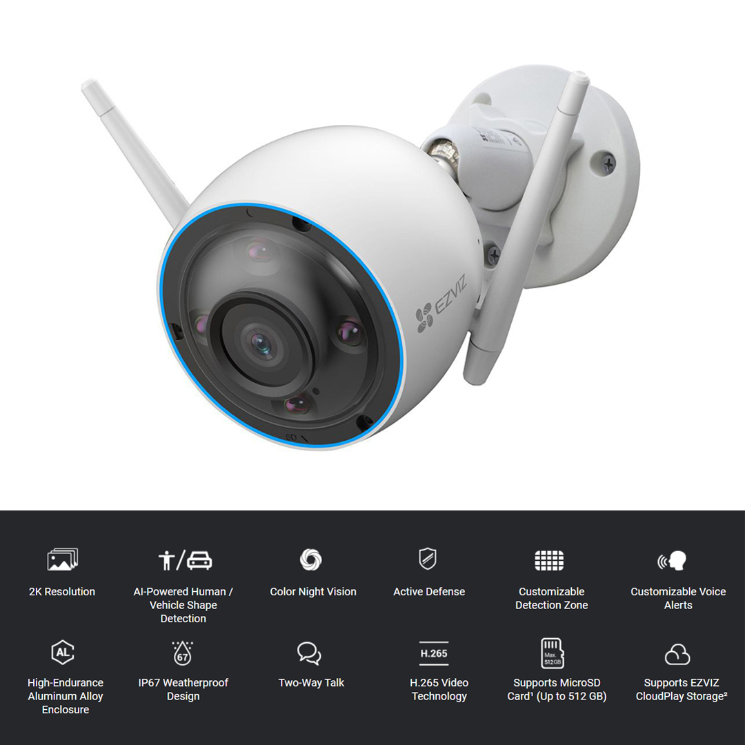 5.0MP - 3K / IP-Wifi Outdoor Camera EZVIZ CS-H3 (Full Color / Include Arlam LED, Mic, Speaker)