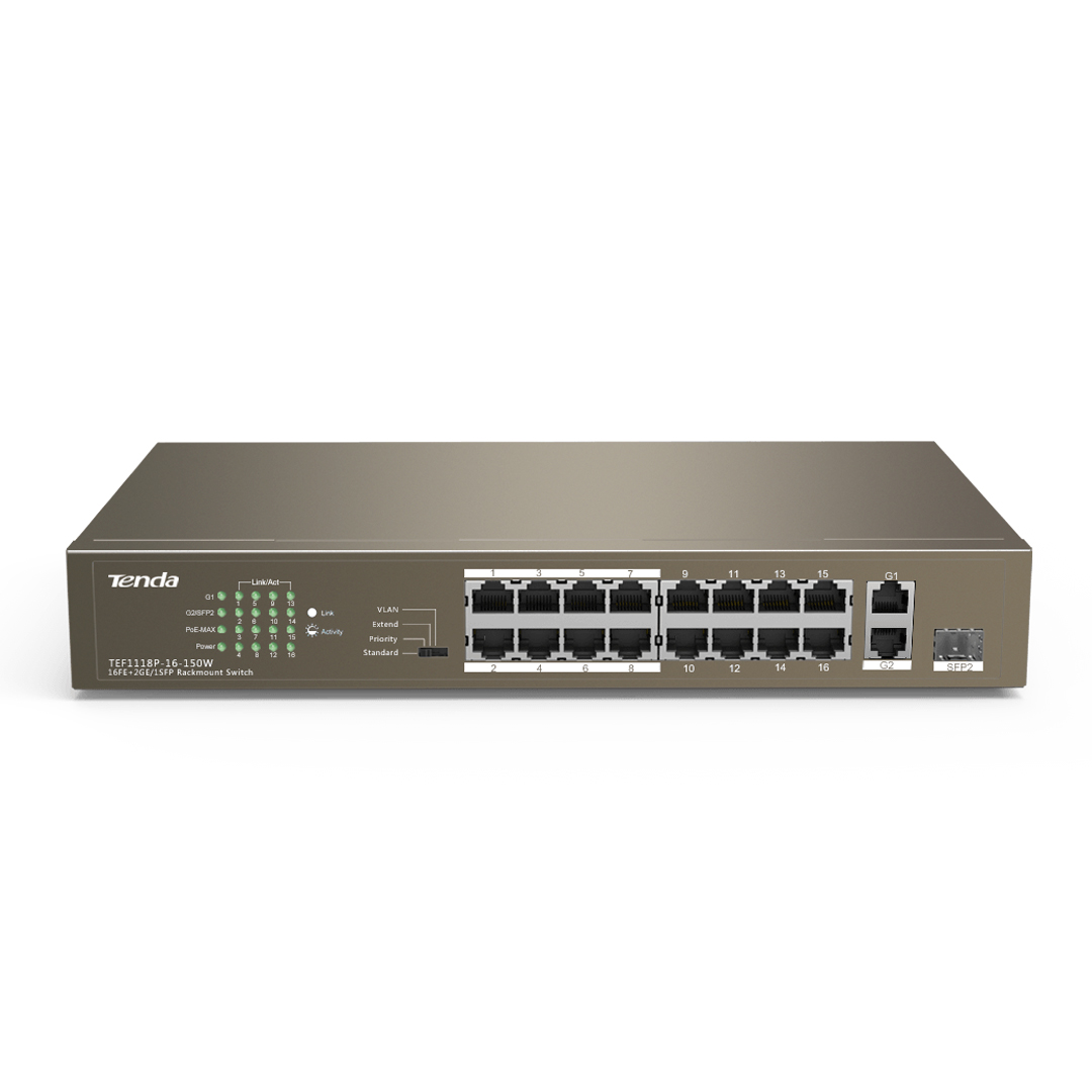 Ethernet Hub/Switch POE 16 port 10/100 + 2 port Uplink Gigabit Tenda TEF1118P-16-150W