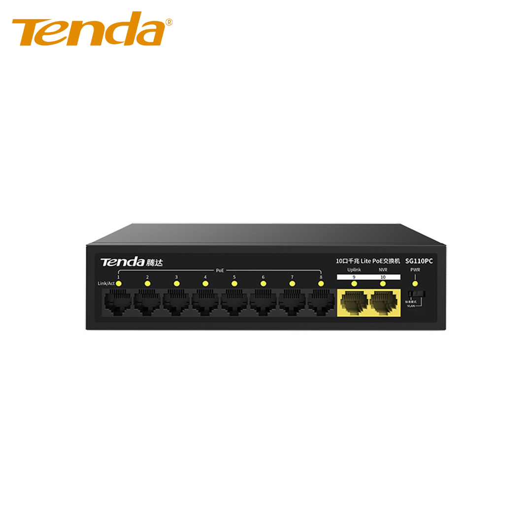 Ethernet Hub/Switch POE 08 port Gigabit + 2 port Uplink Gigabit Tenda SG210PC-BH