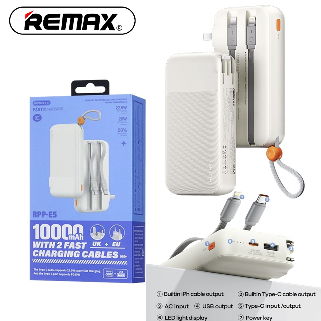 Power Bank 10,000mAh + Cable Type-C/Lightning (22.5W PD, QC) REMAX RPP-E5