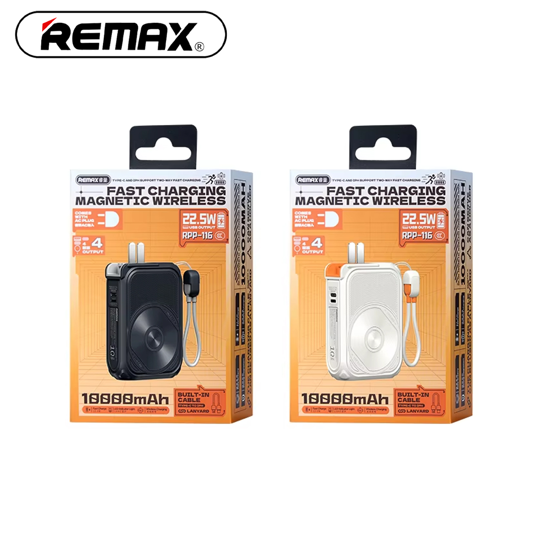Power Bank 10,000mAh + Cable Type-C/Lightning (22.5W PD, QC, Magnetic Wireless 15W) REMAX RPP-116