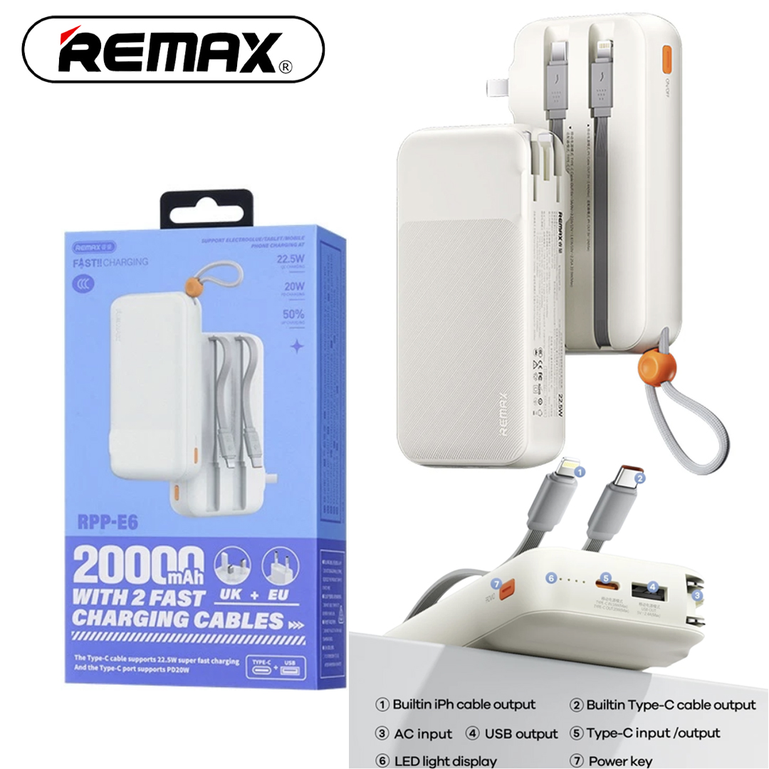Power Bank 20,000mAh + Cable Type-C/Lightning (22.5W PD, QC) REMAX RPP-E6