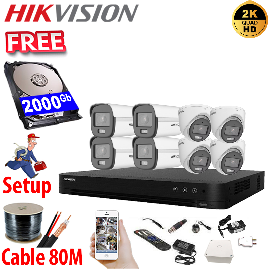 SET HIKVISION 04Ch HDTVI 5.0MP / HDD 2000Gb / Free Accessories / 265 + VolorVu - ຊູດ ກ້ອງວົງຈອນປີດ ອັດສຽງໄດ້ ເປັນສີ 24 ຊົ່ວໂມງ