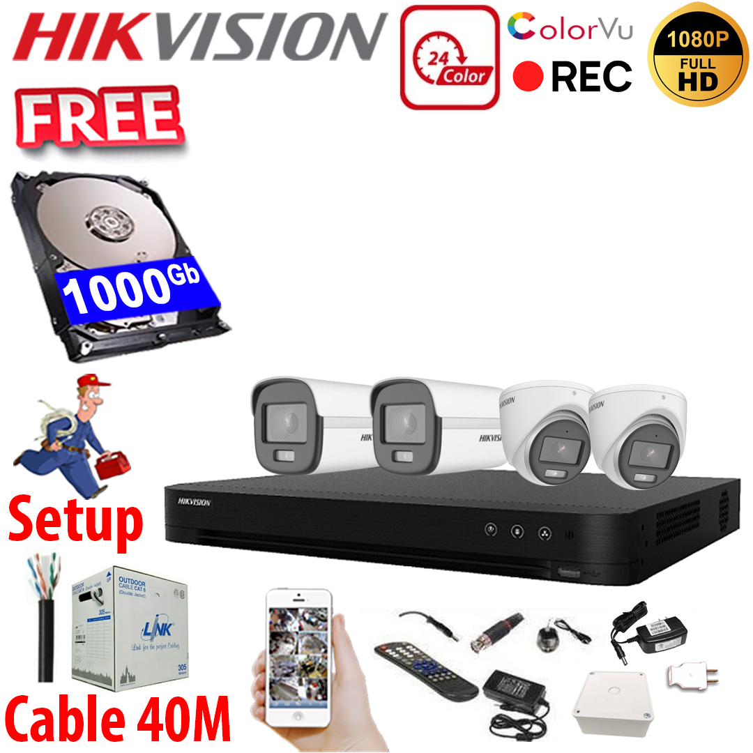 SET HIKVISION 04Ch IPC 2.0MP / HDD 1000Gb / Free Accessories / 265+ Smart Hybrid Light - ຊູດ ກ້ອງວົງຈອນປີດ ອັດສຽງໄດ້, ມີສີ ເວລາມີການເຄື່ອນໄວ