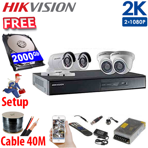 SET HIKVISION 04Ch IPC 4.0MP / HDD 2000Gb / Free Accessories / 265 + ເທກໂນໂລຢີໃຫມ່ ເກັບຂໍມູ່ນໄດ້ຫລາຍກ່ວາ