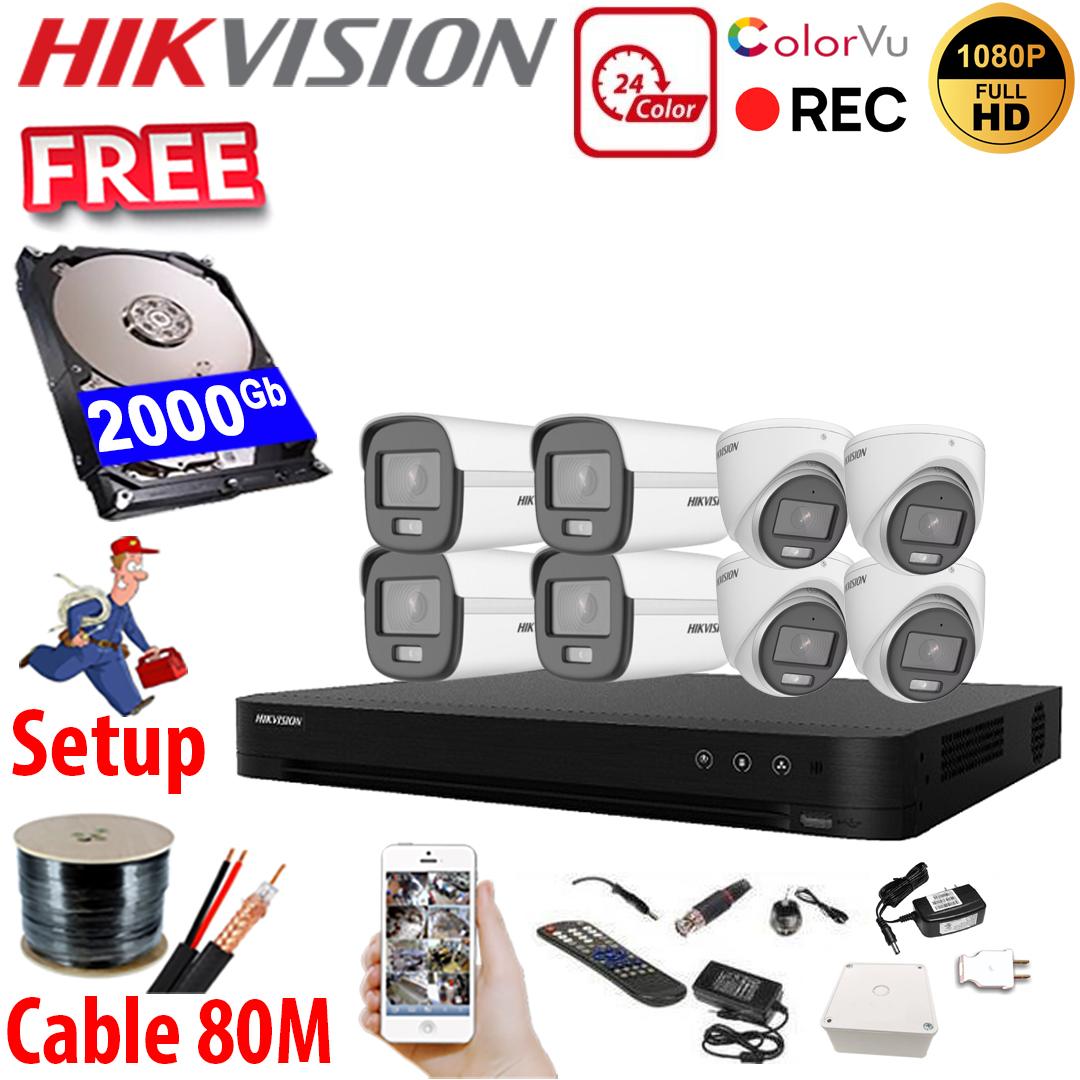 SET HIKVISION 08Ch HDTVI 2.0MP / HDD 2000Gb / Free Accessories / 265 + VolorVu - ຊູດ ກ້ອງວົງຈອນປີດ ອັດສຽງໄດ້ ເປັນສີ 24 ຊົ່ວໂມງ