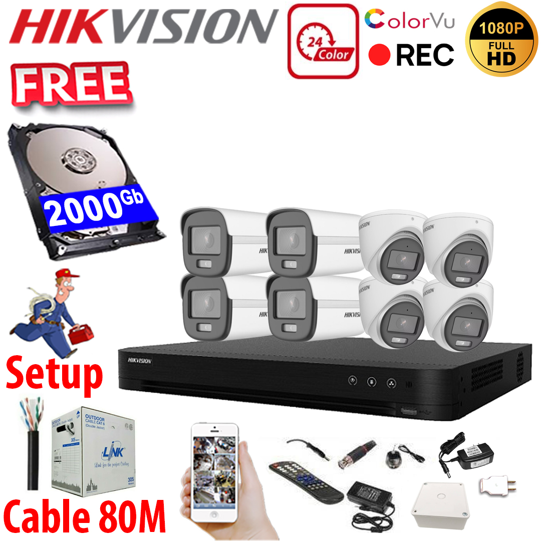SET HIKVISION 08Ch IPC 2.0MP / HDD 2000Gb / Free Accessories / 265+ Smart Hybrid Light - ຊູດ ກ້ອງວົງຈອນປີດ ອັດສຽງໄດ້, ມີສີ ເວລາມີການເຄື່ອນໄວ
