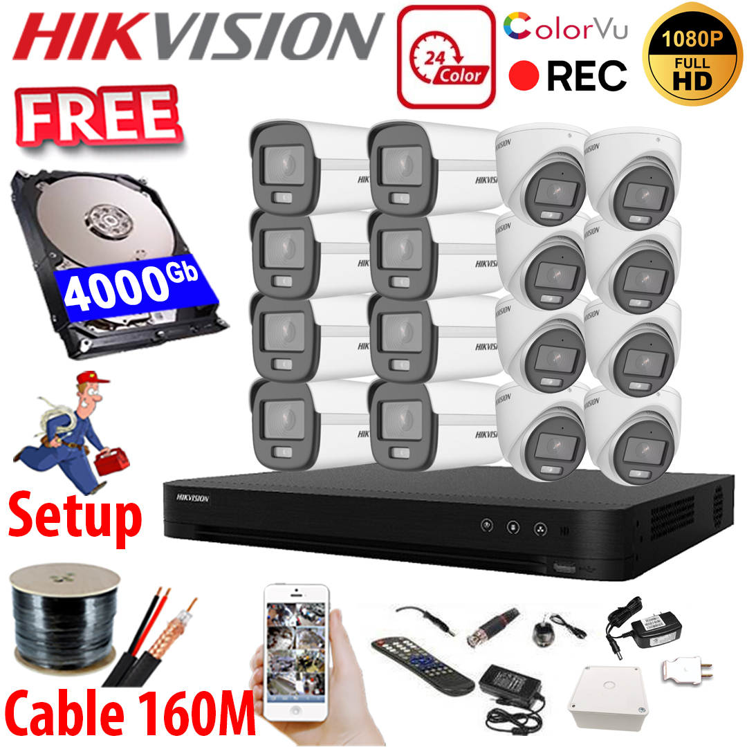 SET HIKVISION 16Ch HDTVI 2.0MP / HDD 4000Gb / Free Accessories / 265 + VolorVu - ຊູດ ກ້ອງວົງຈອນປີດ ອັດສຽງໄດ້ ເປັນສີ 24 ຊົ່ວໂມງ