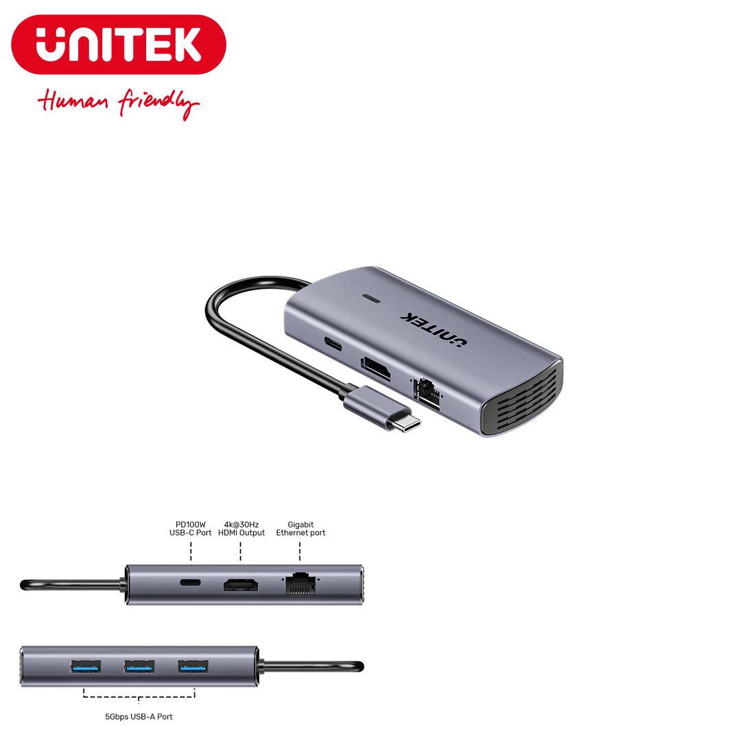Type-C to HDMI(4K) + LAN(Gigabit) + 3USB 3.0 + Type-C(PD 100W) Unitek D1113CGY01