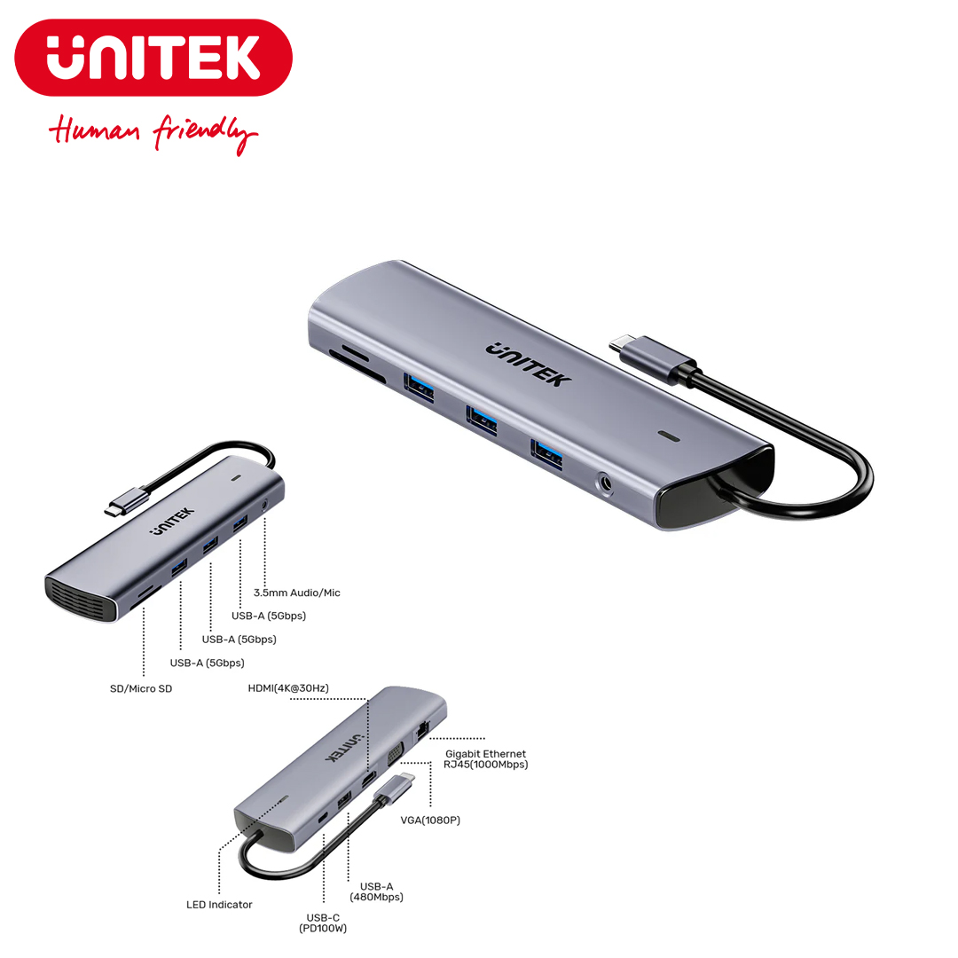 Type-C to HDMI + VGA + LAN(Gigabit) + 4USB 3.0 + Type-C(PD 100W) + Card Reader SD/MicroSD Unitek D1113BGY01